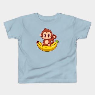 Cute Monkey Sitting On Banana Cartoon Kids T-Shirt